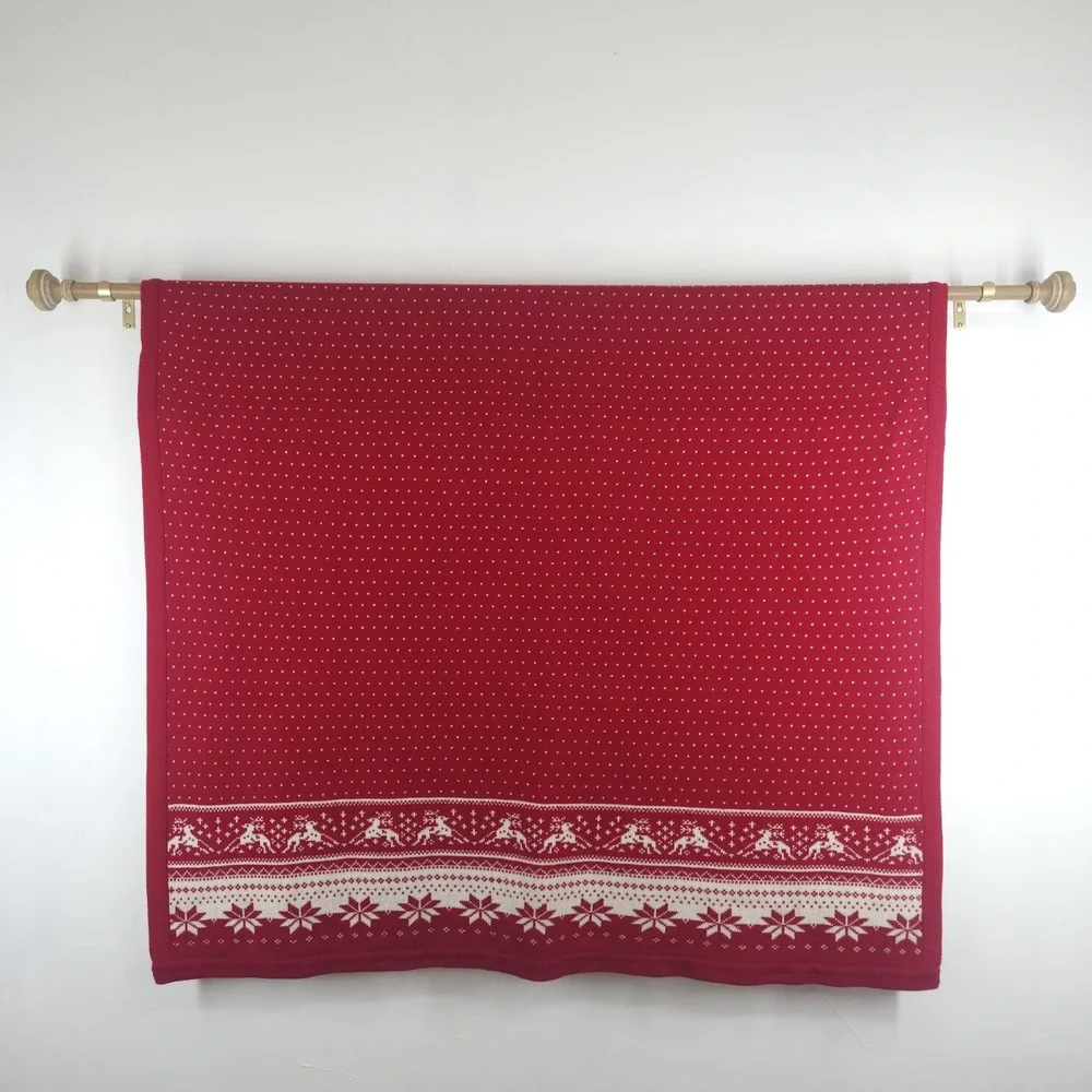 Christmas Throw Blanket Red Knit Reversible Reindeer Nordic Cozy Ski Lodge 49x68